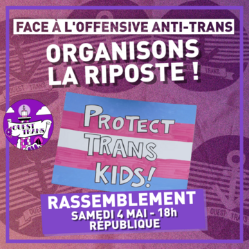 rassemblement samedi 4 mai - 18h république le tout sur un fond violet-rose bruité avec notre logo dupliqué en transparence
