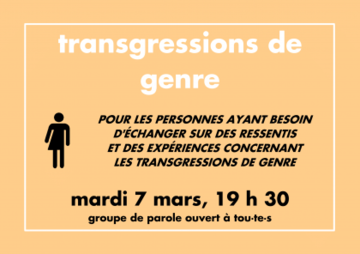 Le visuel du groupe transgressions de genre, sur fond orange clair, et son logo mi-homme/mi-femme