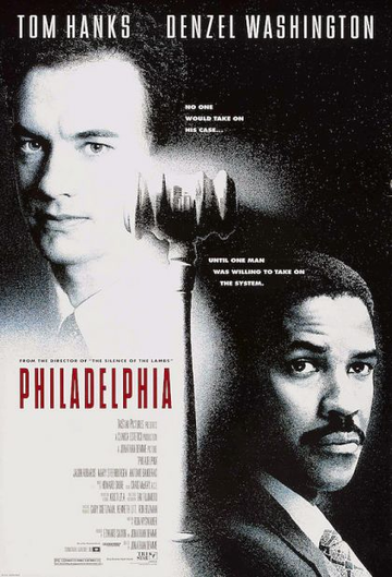 Affiche du film Philadelphia avec les portraits en noir et blanc de Denzel Washington et Tom Hanks