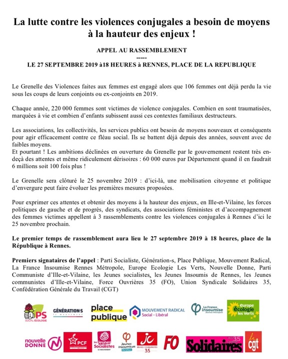 appel à un 1er rassemblement à Rennes contre les violences faites aux femmes. vendredi 27 à 18h