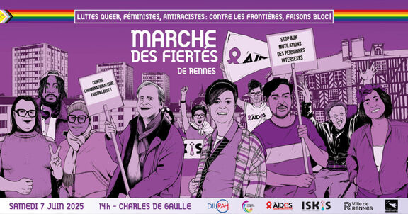 Bandeau la marche des fierté, représentant plusieurs personnes dans une marche tenant des pancartes, sur fond violet